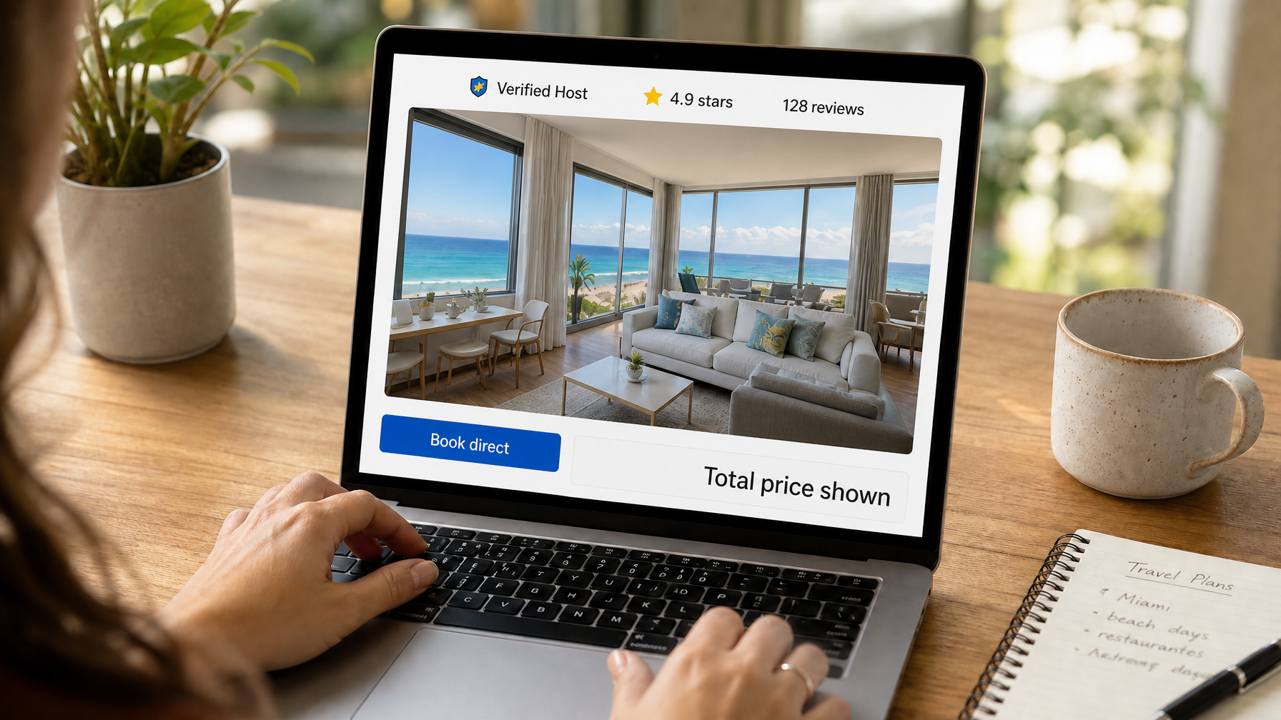 Laptop showing a direct booking page with Verified Host badge, star rating, reviews, and Book direct CTA