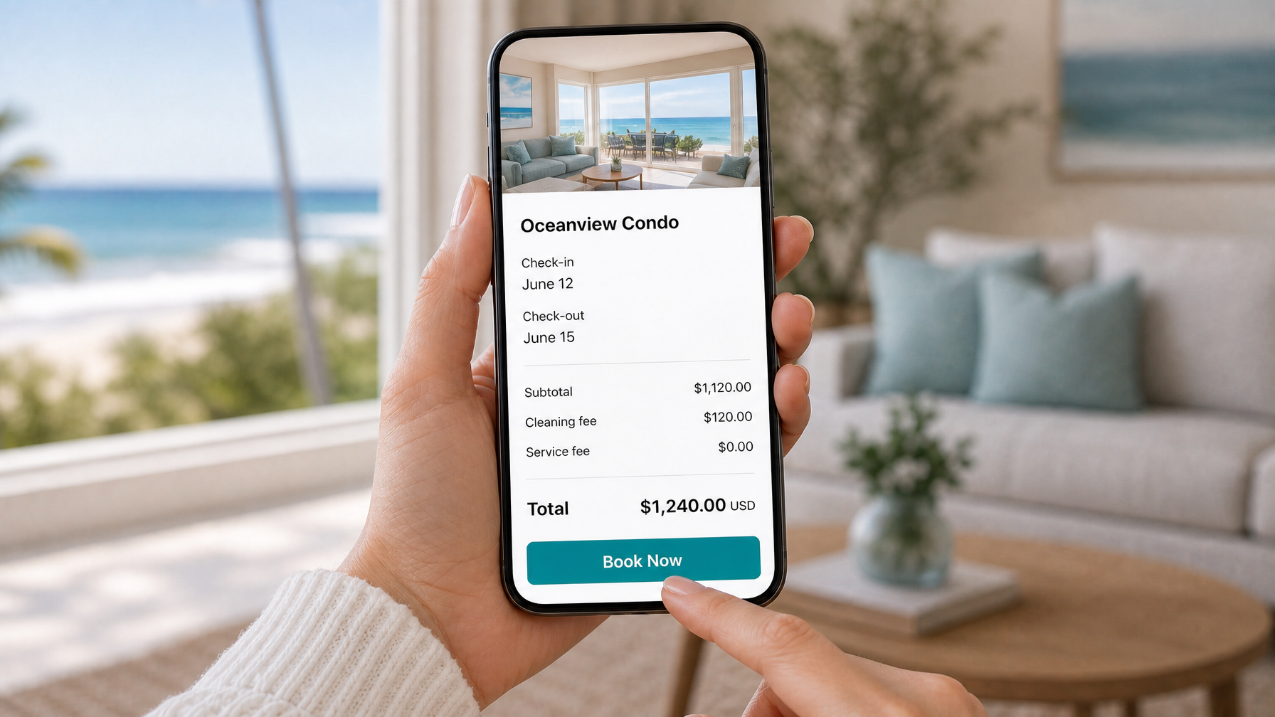 Mobile phone showing a direct booking checkout screen with itemized total and a $0 service fee