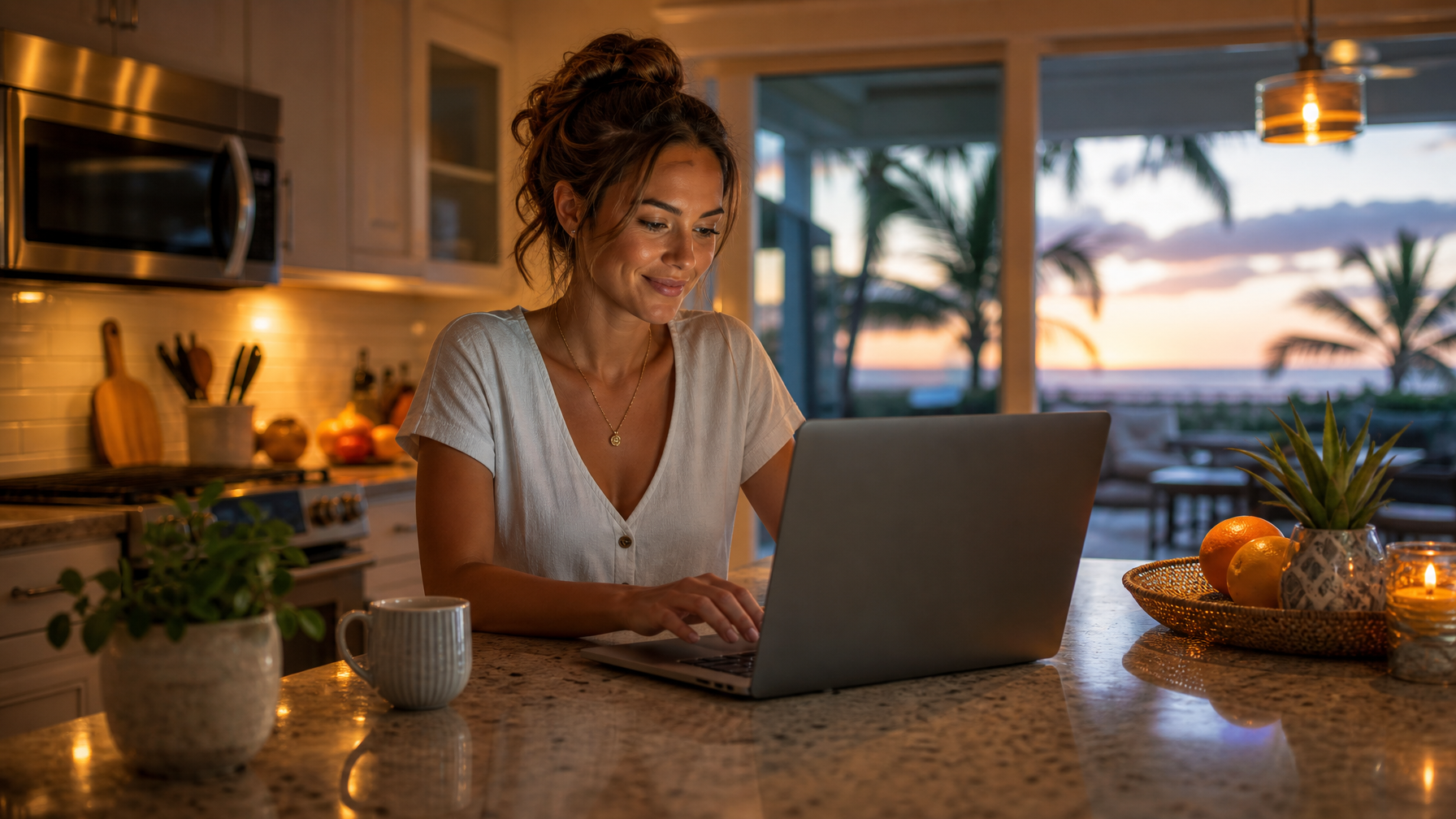 Female host emailing past guests a direct rebooking offer from a laptop in a rental kitchen