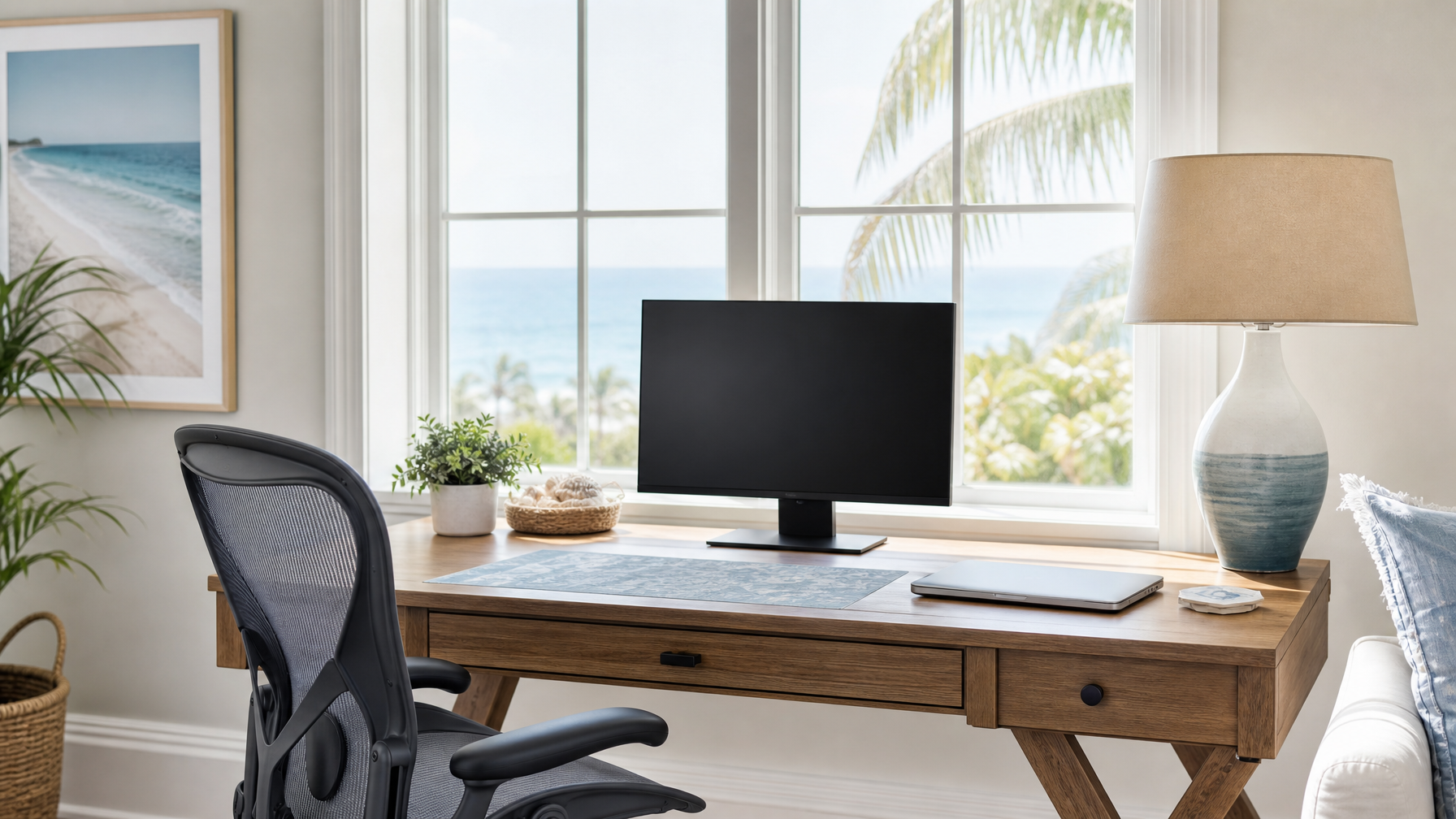 Vacation rental workspace desk with monitor facing chair for remote work photo captions