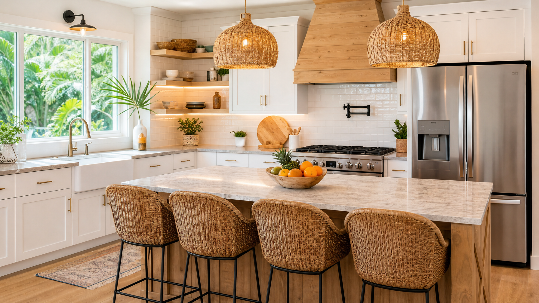 Bright vacation rental kitchen with island seating for group cooking photo captions