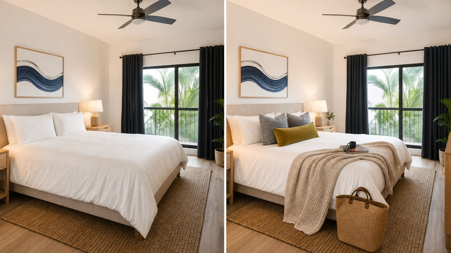 Side-by-side vacation rental bedroom showing how photo captions that convert change guest perception