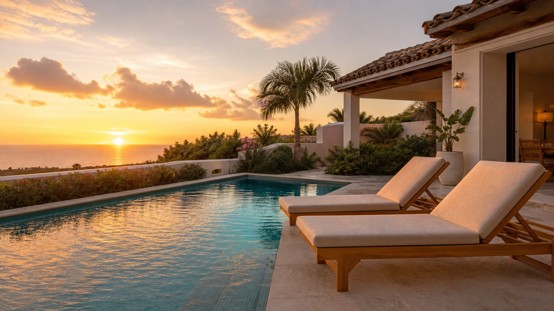 Sunset vacation rental pool with loungers for lifestyle photo captions that convert