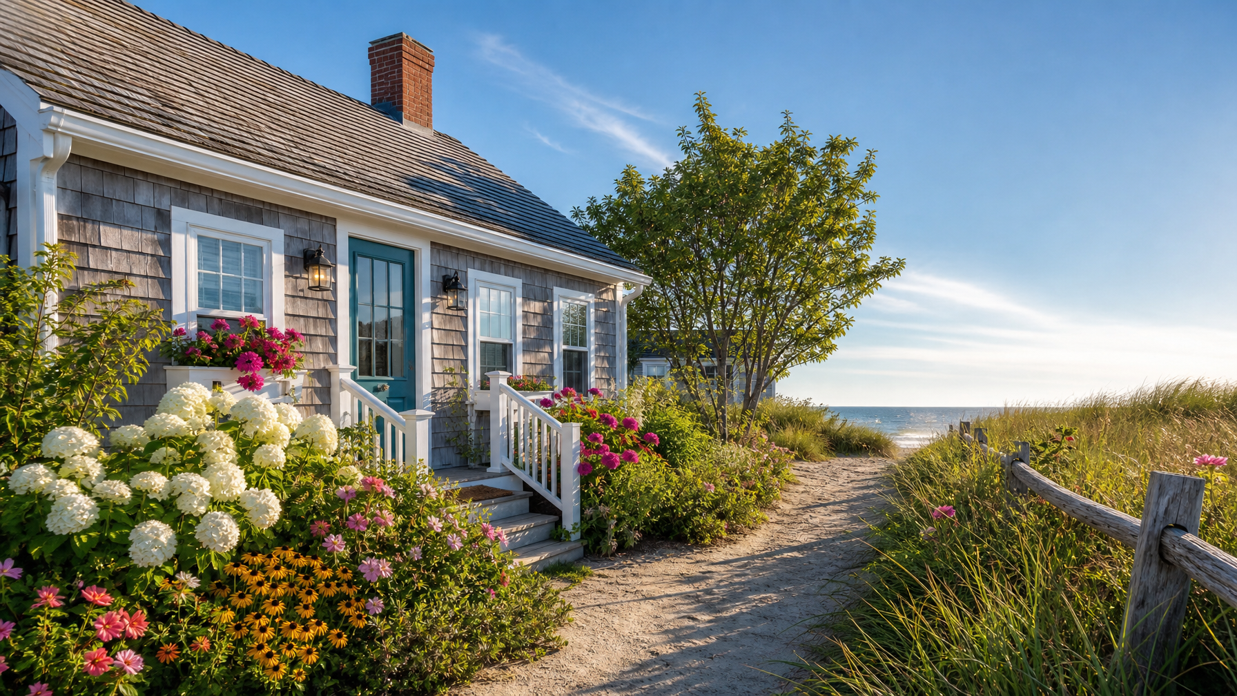 Coastal cottage exterior ideal for walk-to-beach vacation rental photo captions