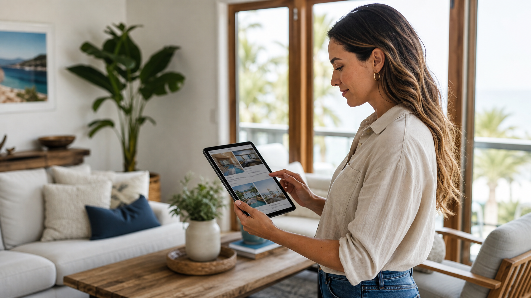 Female vacation rental host reviewing listing gallery captions on a tablet in a bright living room