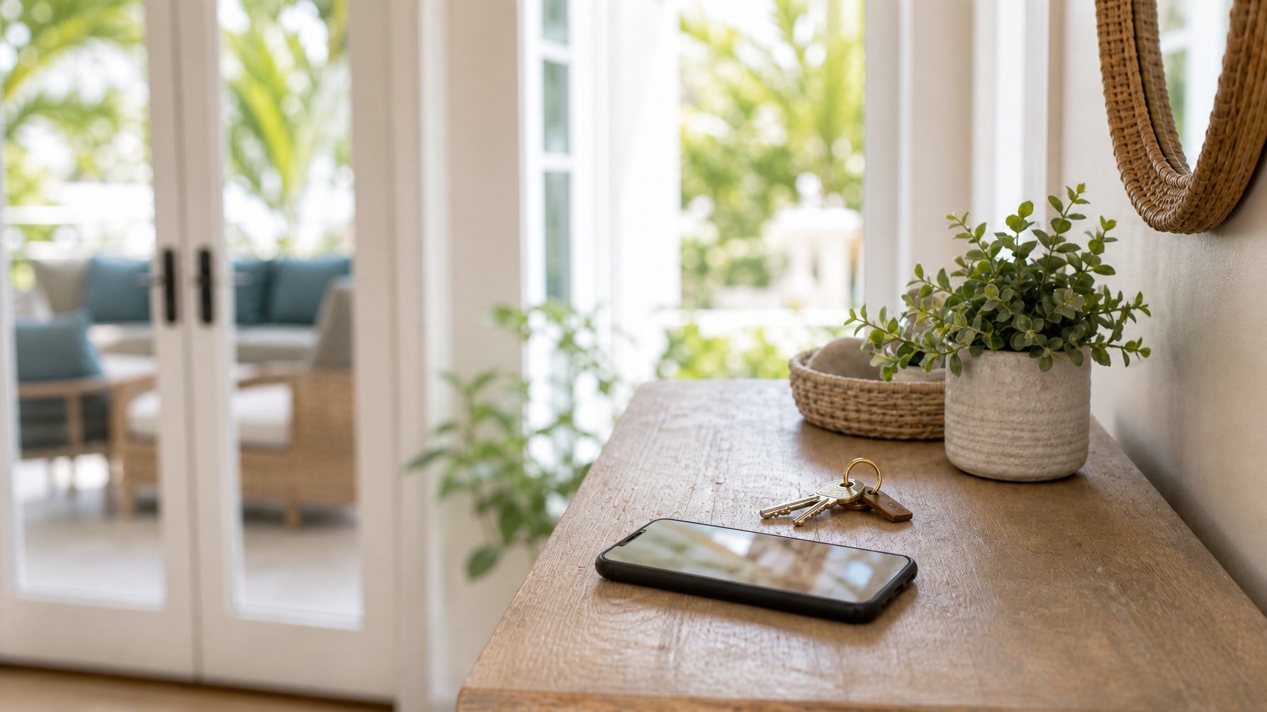 Smartphone and house keys on a vacation rental foyer console suggesting a book-direct Reel end moment