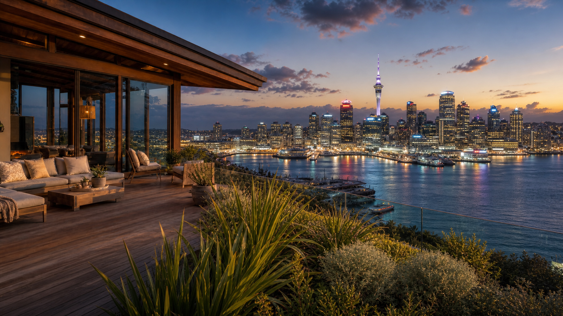 Modern luxury balcony apartment in central Auckland New Zealand overlooking illuminated Waitemata Harbour at dusk