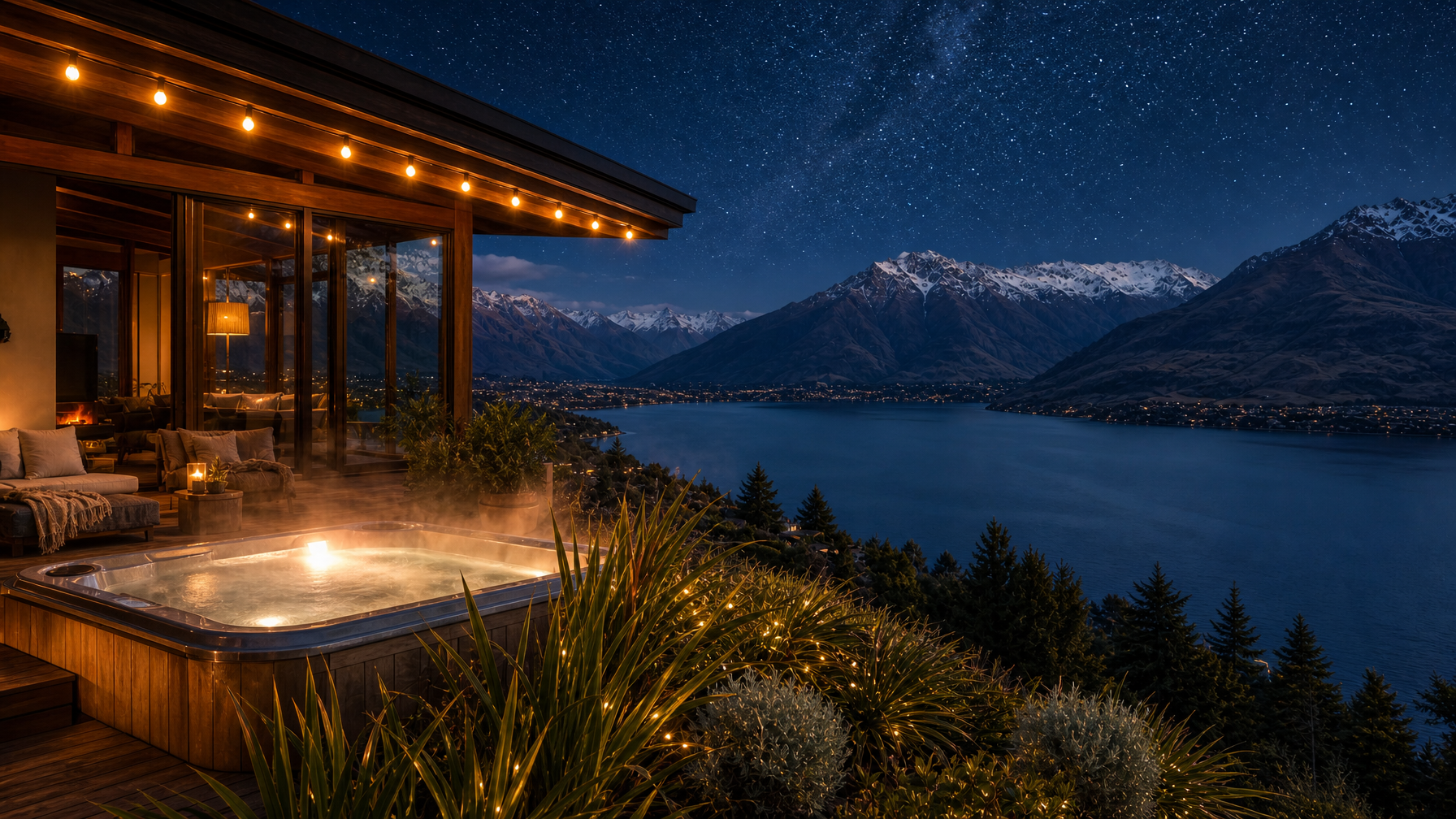 Steam rising from an outdoor hot tub on a New Zealand mountain vacation rental deck at night