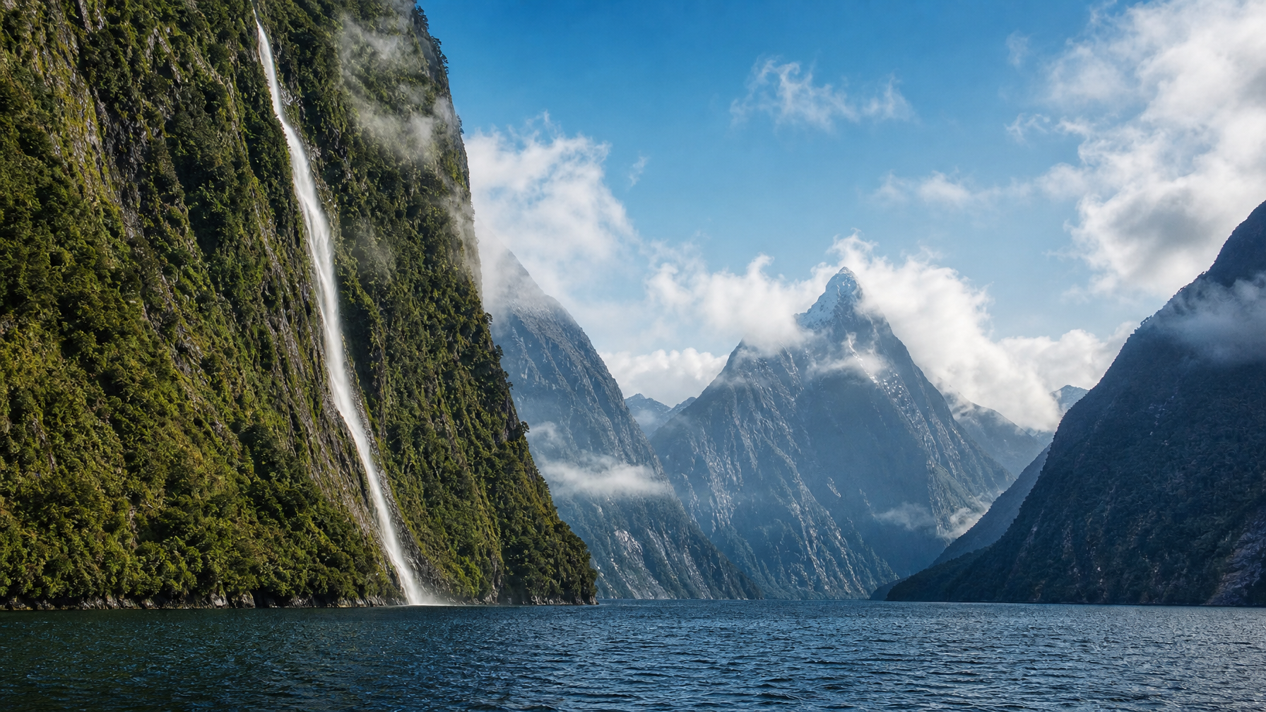Fiord cliffs and water on a clear day trip in Milford Sound New Zealand
