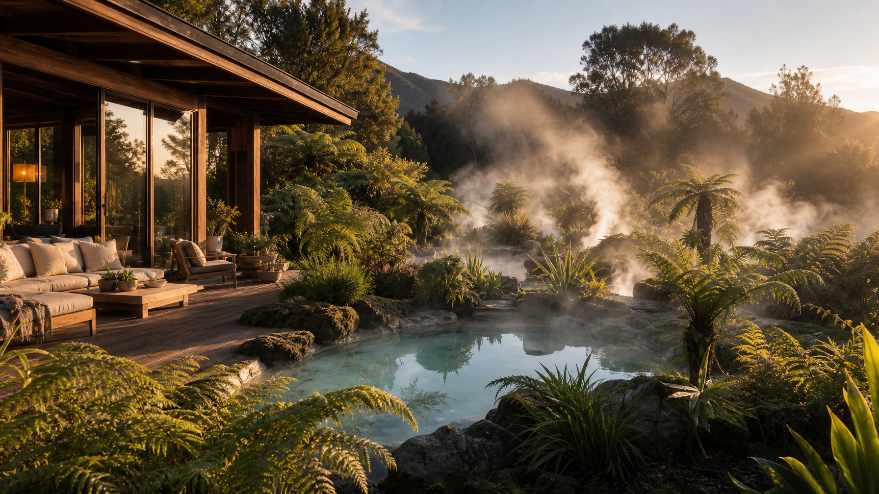 Cozy timber vacation rental cabin surrounded by steaming natural hot springs and fern gardens in Rotorua New Zealand