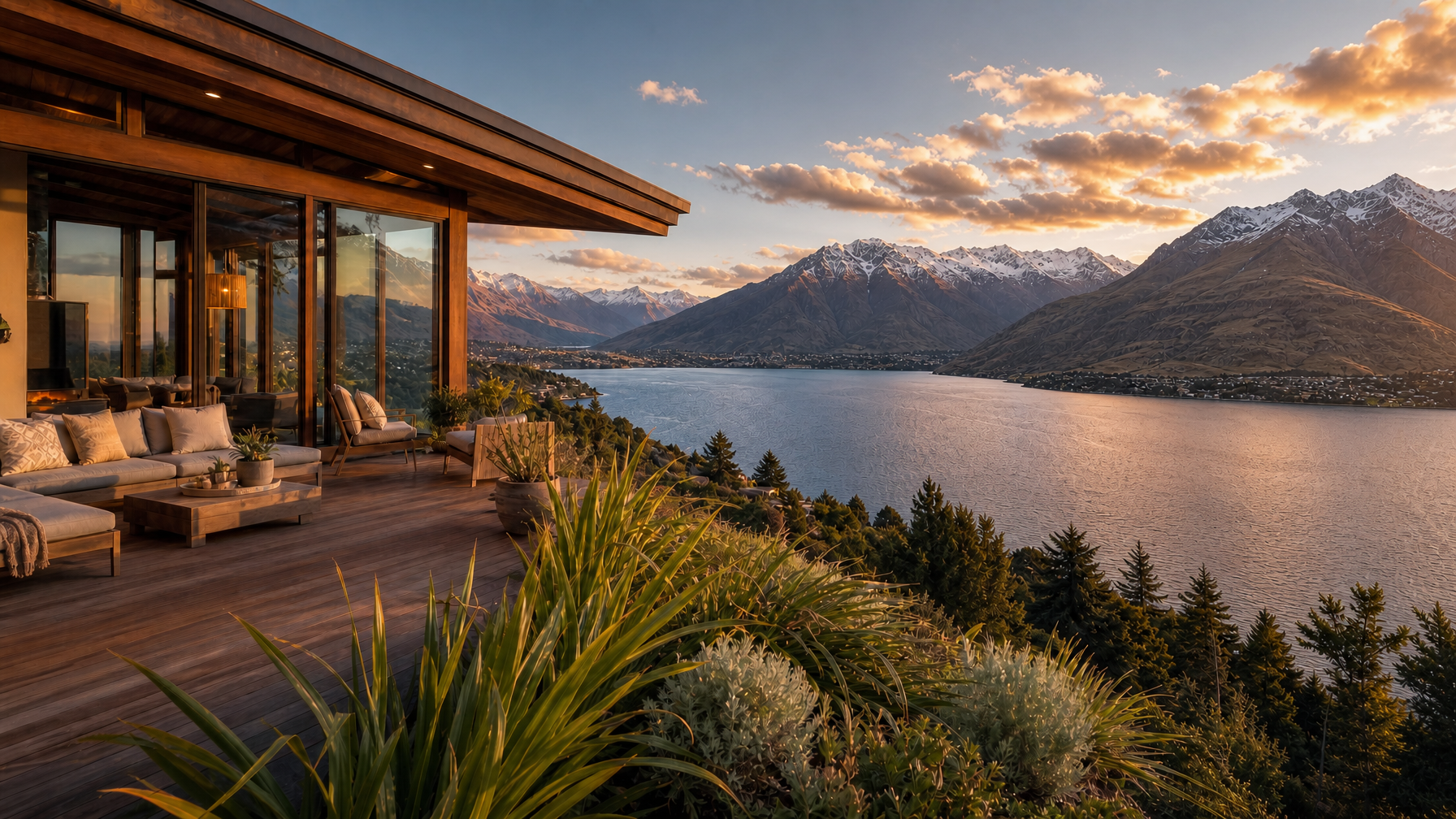 Modern glass-front luxury vacation rental villa overlooking Queenstown New Zealand and Lake Wakatipu