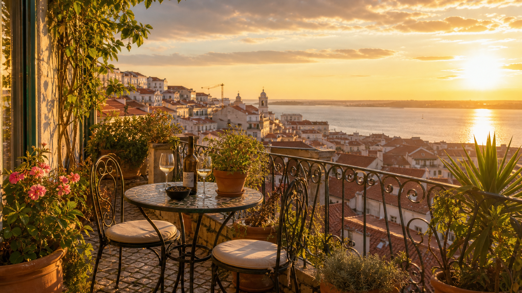 Alfama Lisbon vacation rental terrace overlooking terracotta rooftops and Tagus river