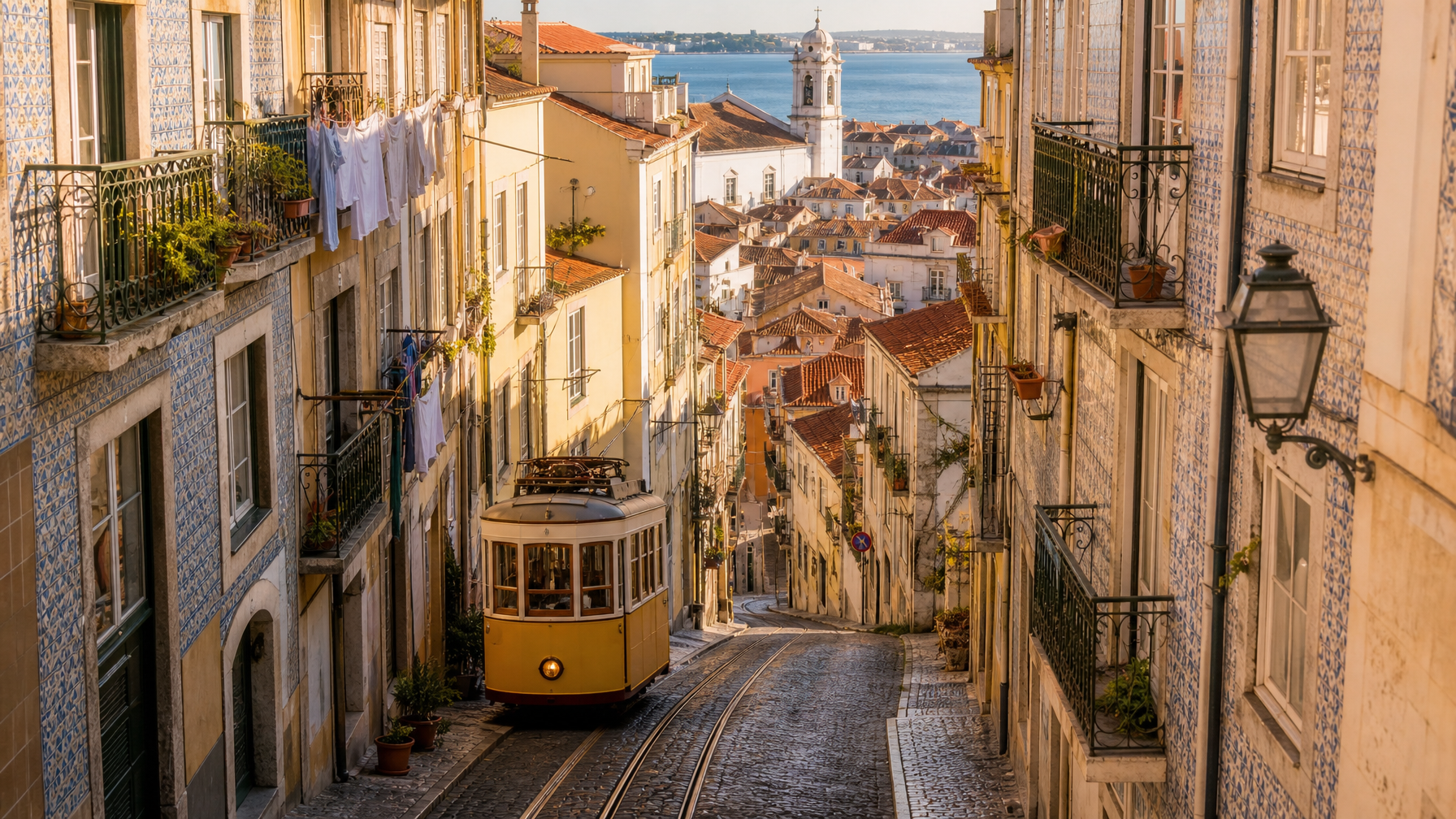 Yellow Lisbon tram on a steep tiled street near historic vacation rental neighbourhoods