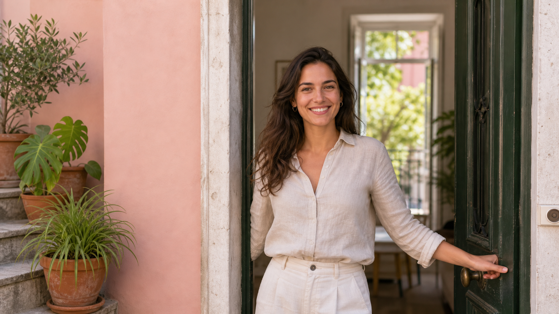 Female Lisbon vacation rental host welcoming guests at a pastel apartment doorway