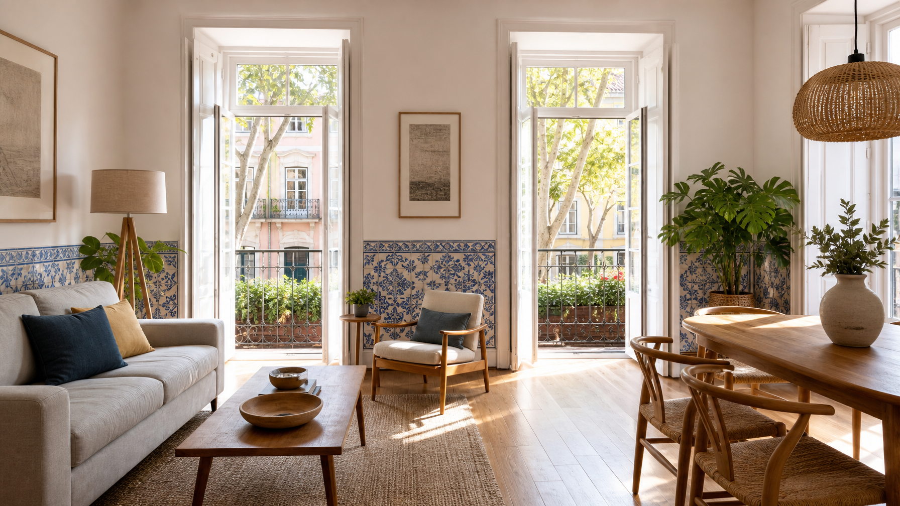 Bright Lisbon vacation rental interior with azulejo tile accents and balcony doors open to daylight