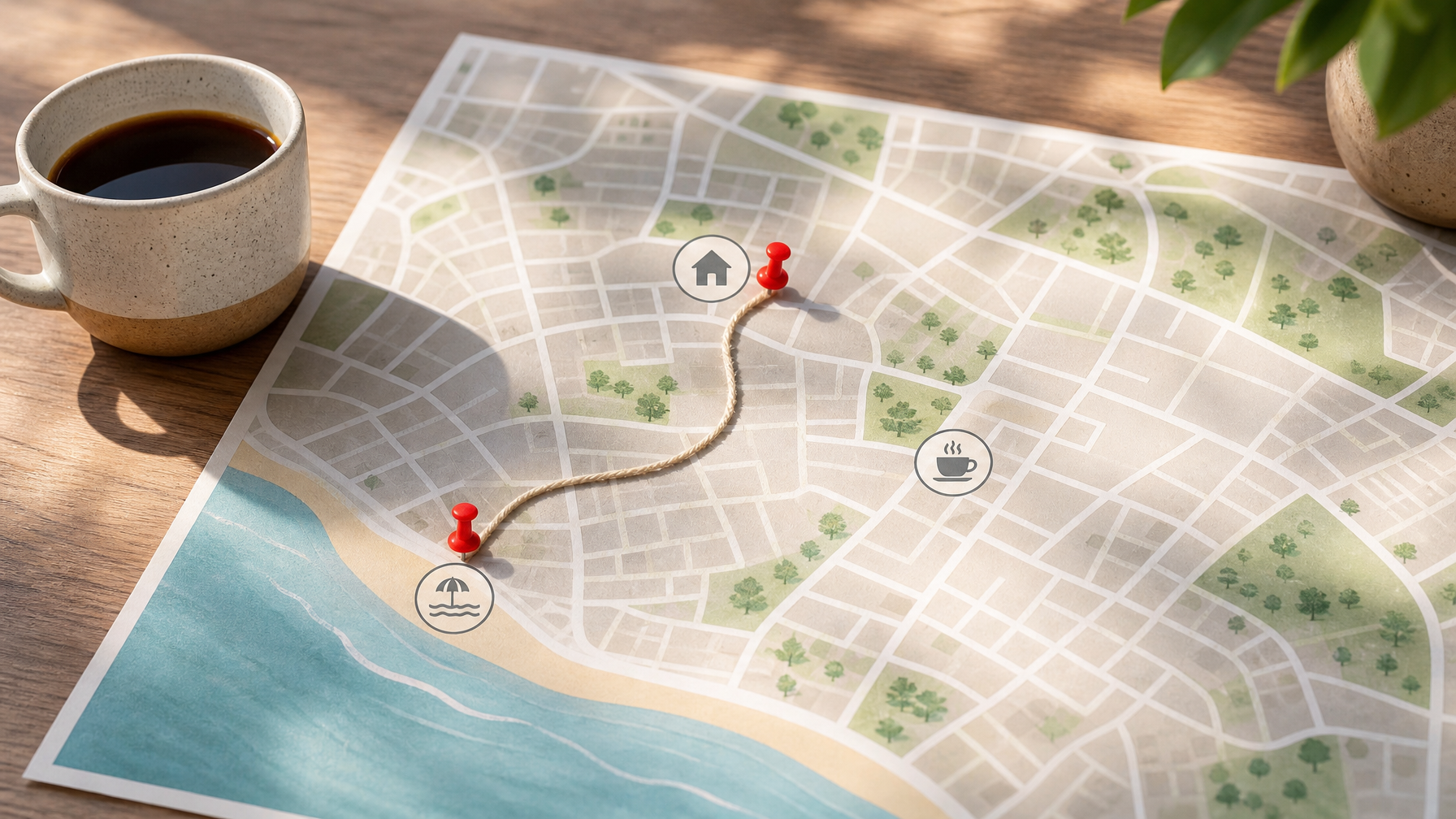 Map pins and walk path supporting location copy in a vacation rental description