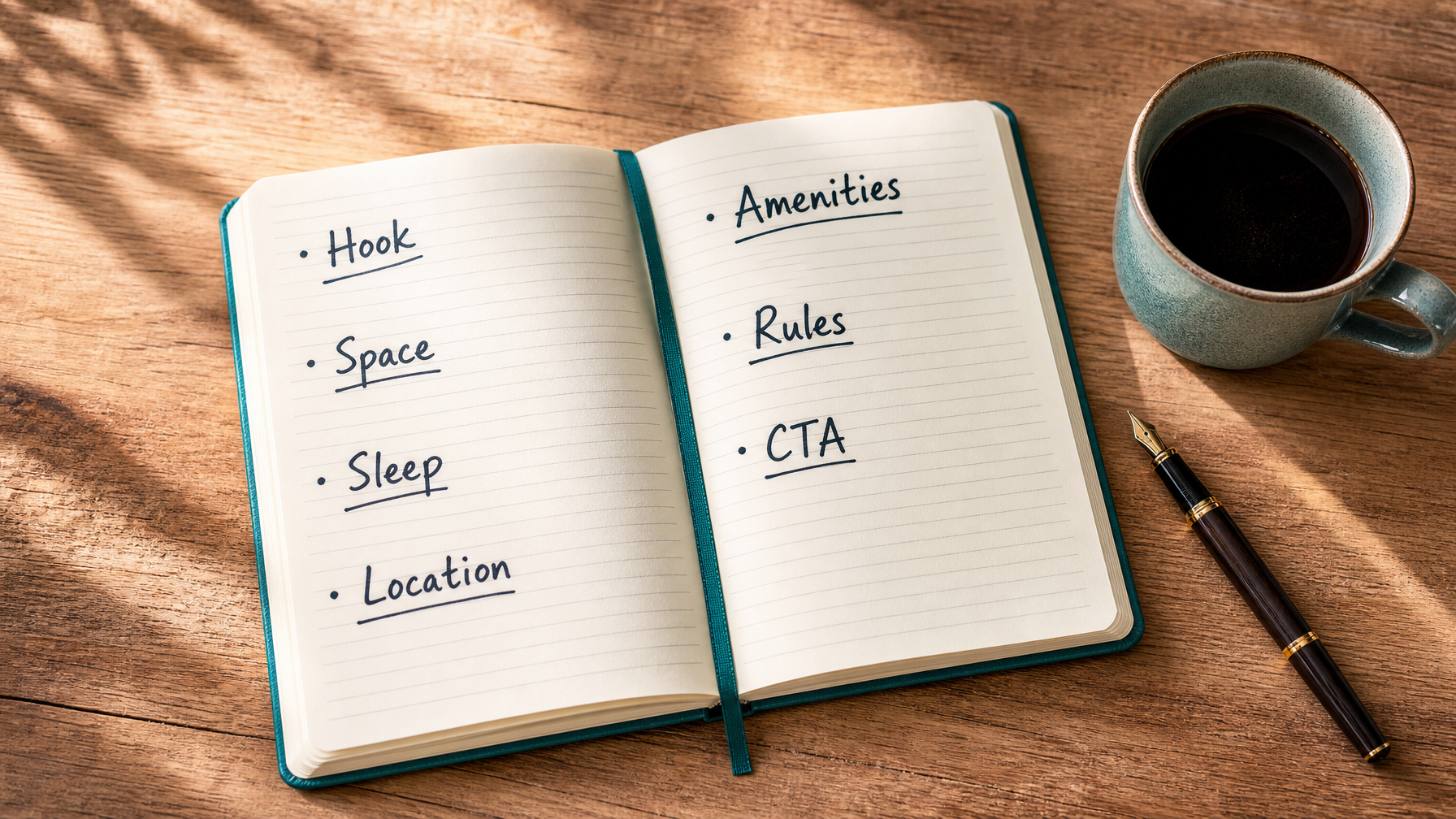 Notebook outline of vacation rental description sections for hosts: hook, space, sleep, location, amenities, rules, CTA