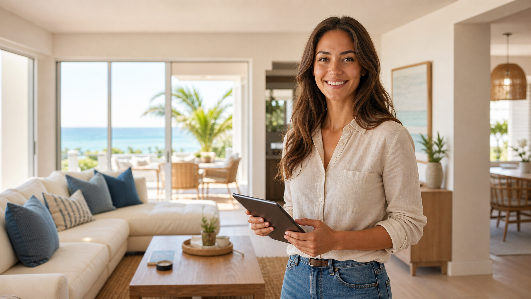 Female vacation rental host reviewing STR listing copy examples on a tablet