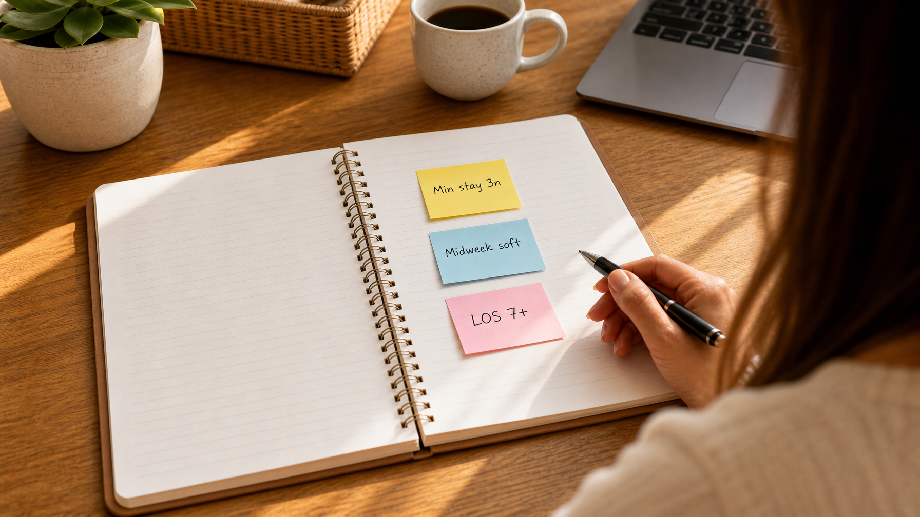 Female vacation rental host planning August to November pricing notes on a desk planner