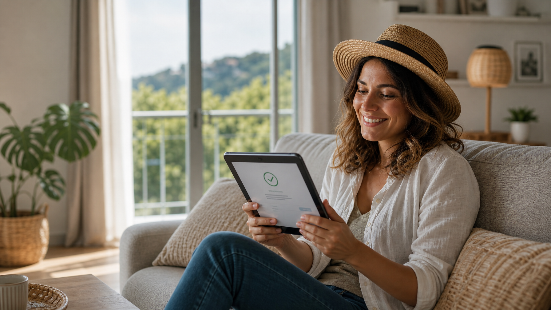Female traveler smiling at a transparent vacation rental booking confirmation on a tablet