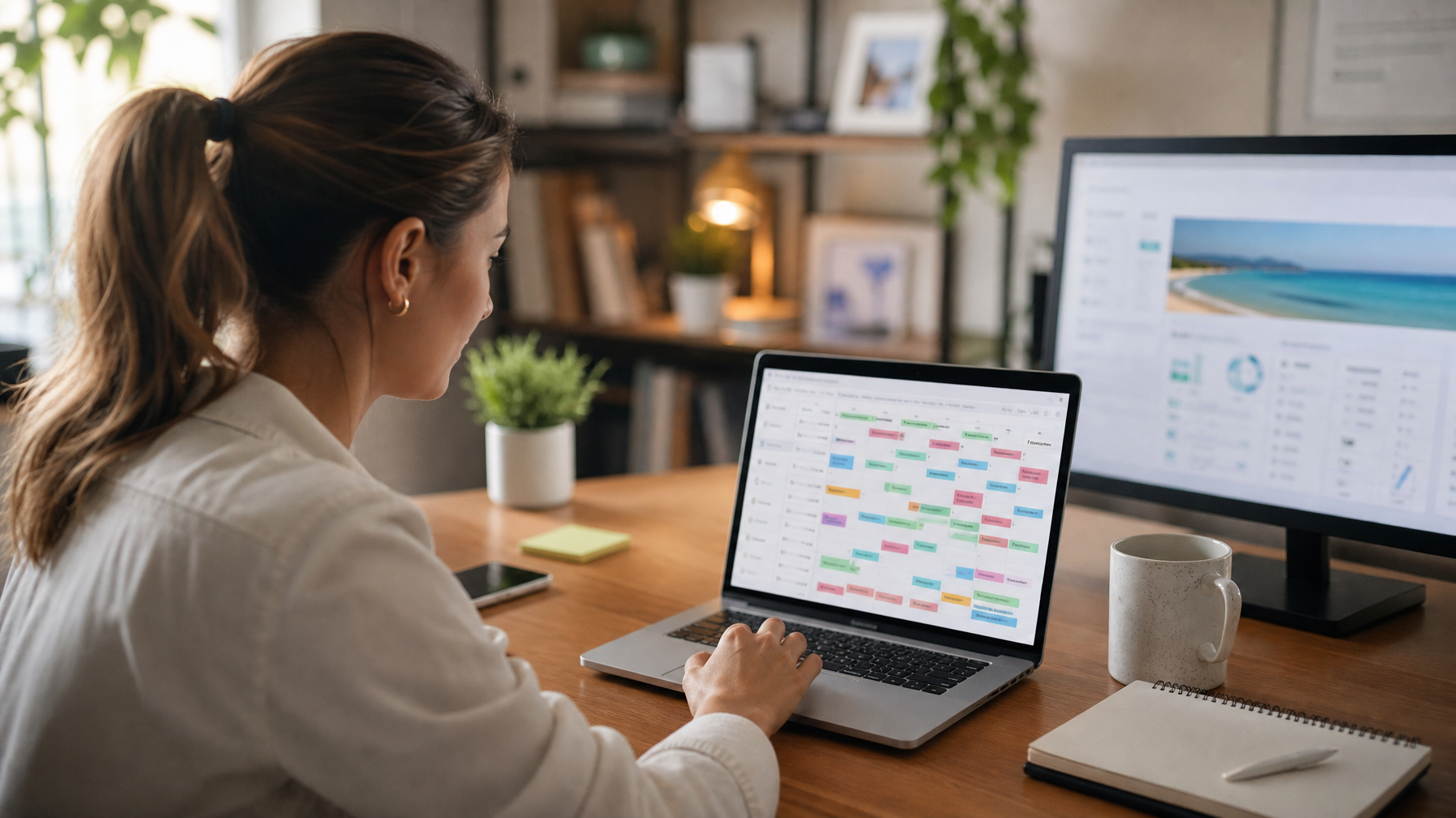 Female host managing multi-channel vacation rental calendars on a laptop dashboard