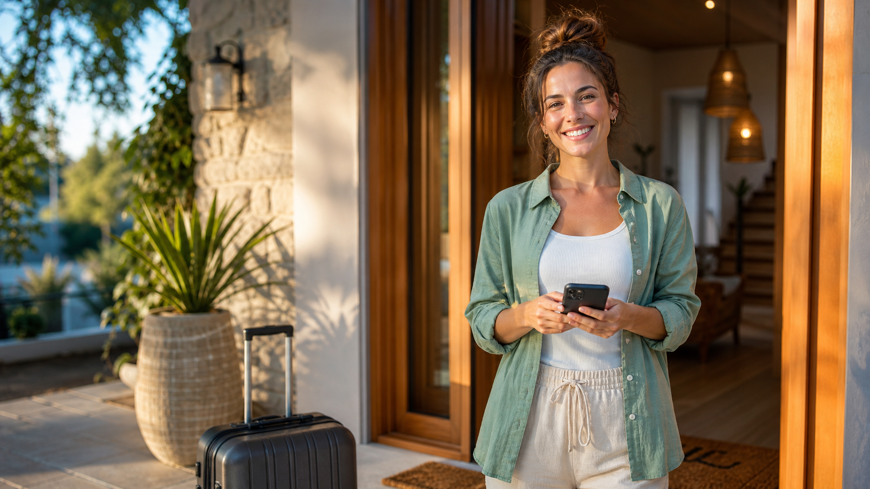 Female vacation rental host sending a post-stay review request from her phone at the property entrance