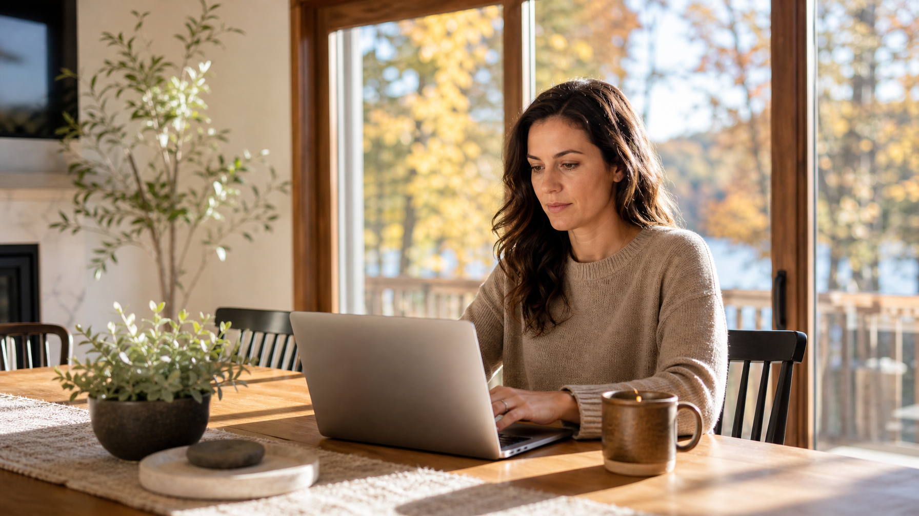 Female remote worker on a long-stay vacation rental laptop setup in early autumn light