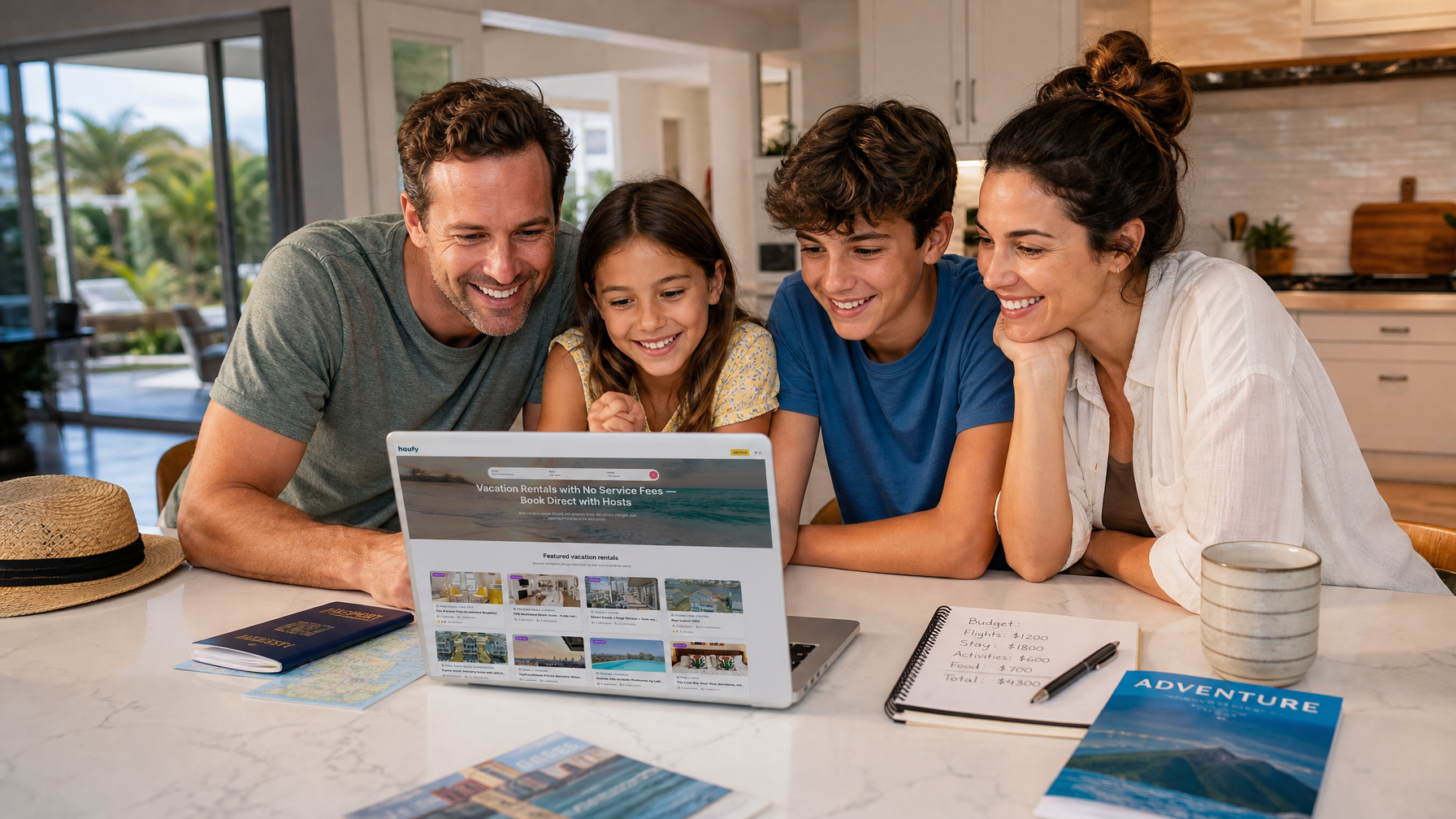 Family comparing total trip cost on two laptops
