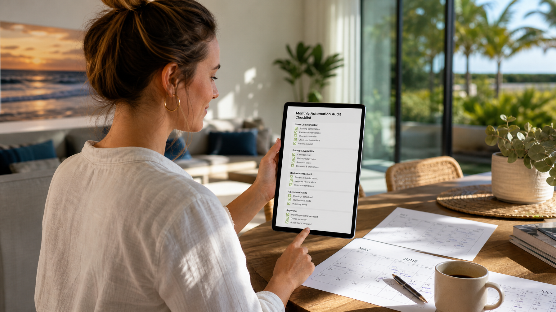 Female host reviewing a monthly automation audit checklist on a tablet