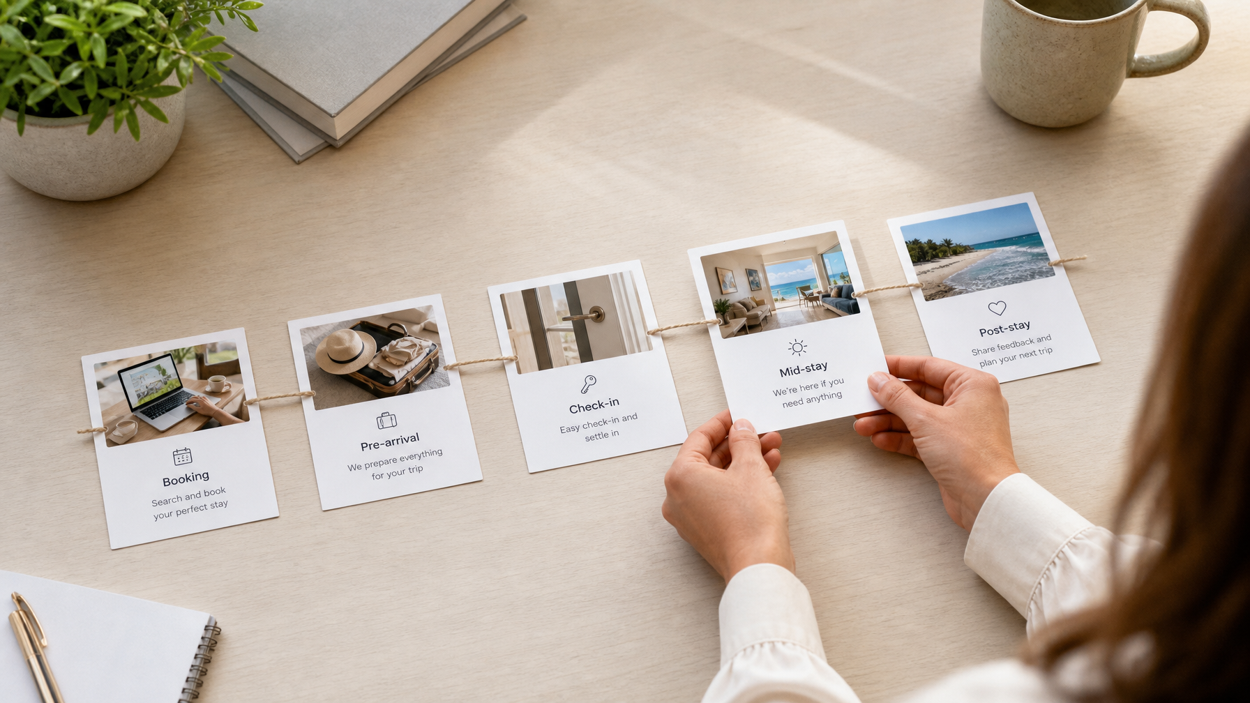 Automated guest message timeline cards from booking to post-stay