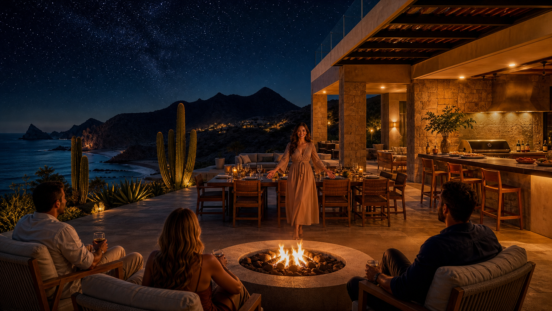 Outdoor kitchen desert night Cabo villa