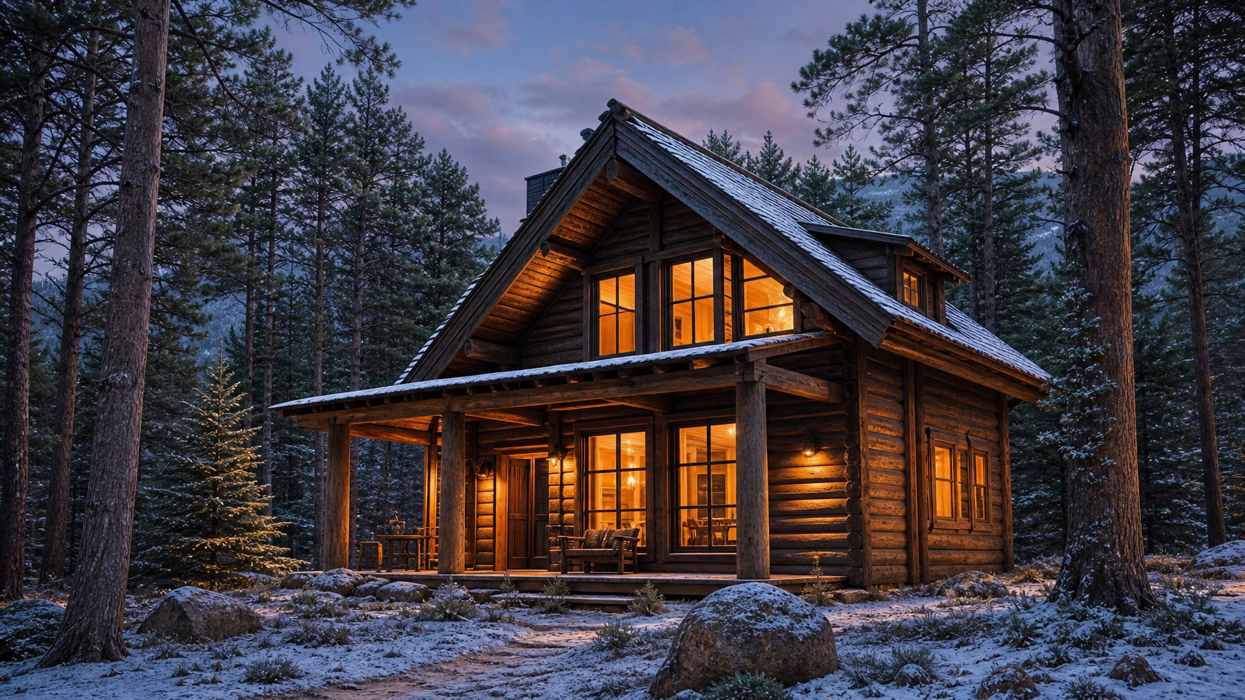Cairngorms forest cabin vacation rental with warm window light among pines