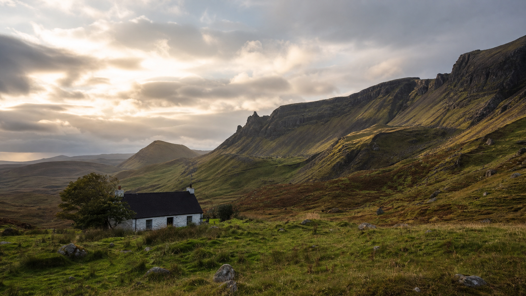 Isle of Skye cottage rental near dramatic ridge landscape under open Highland skies