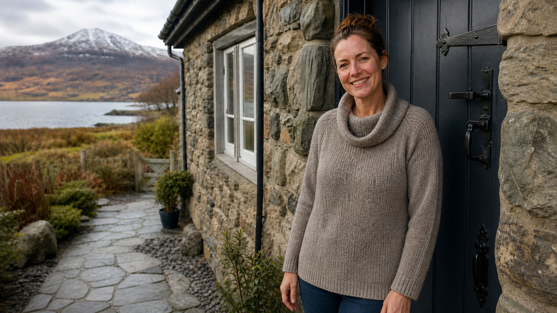 Female vacation rental host welcoming guests at a Scottish Highlands stone cottage doorway