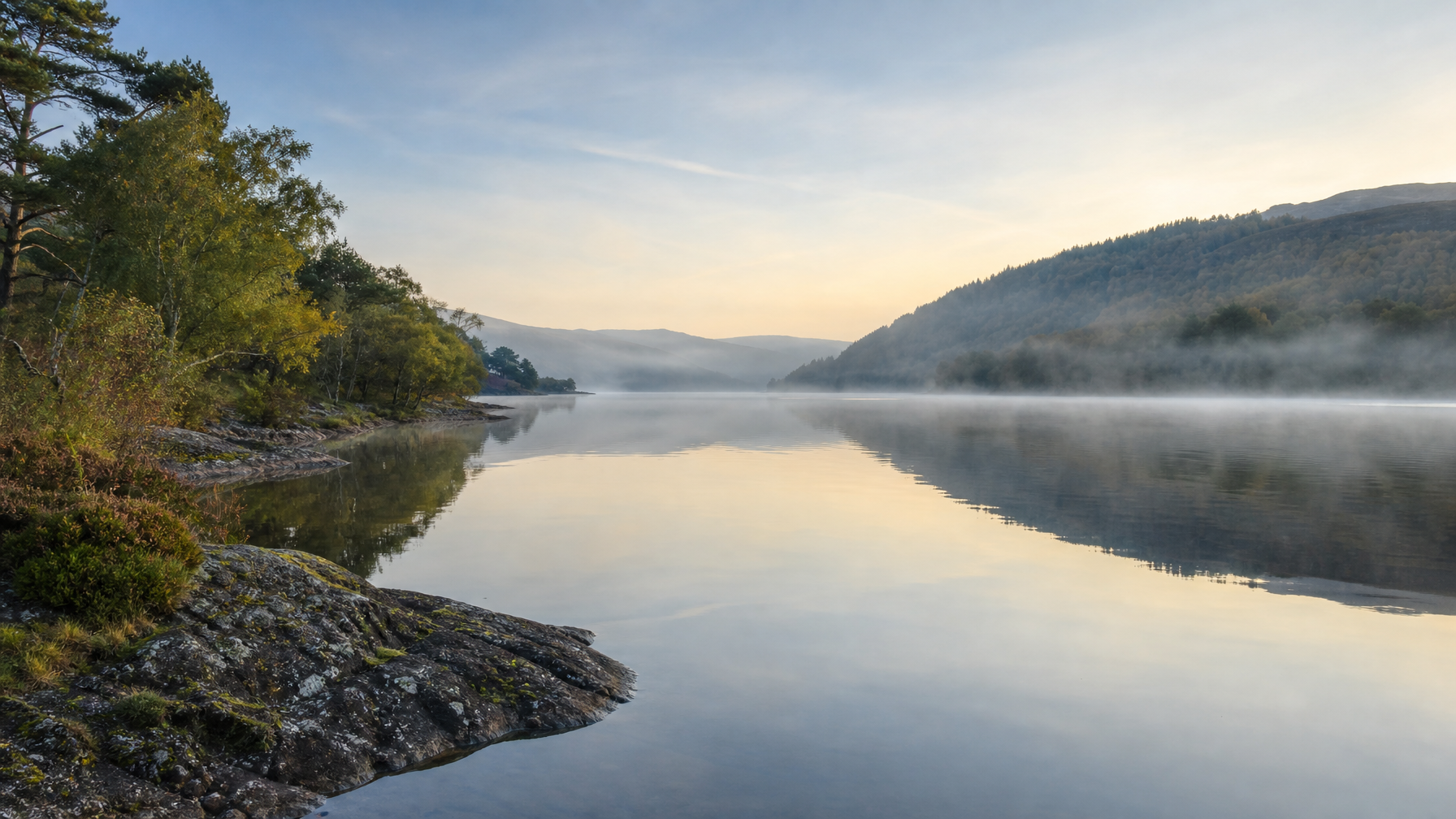 Calm Loch Ness shoreline with tree-lined banks near Highlands vacation rentals