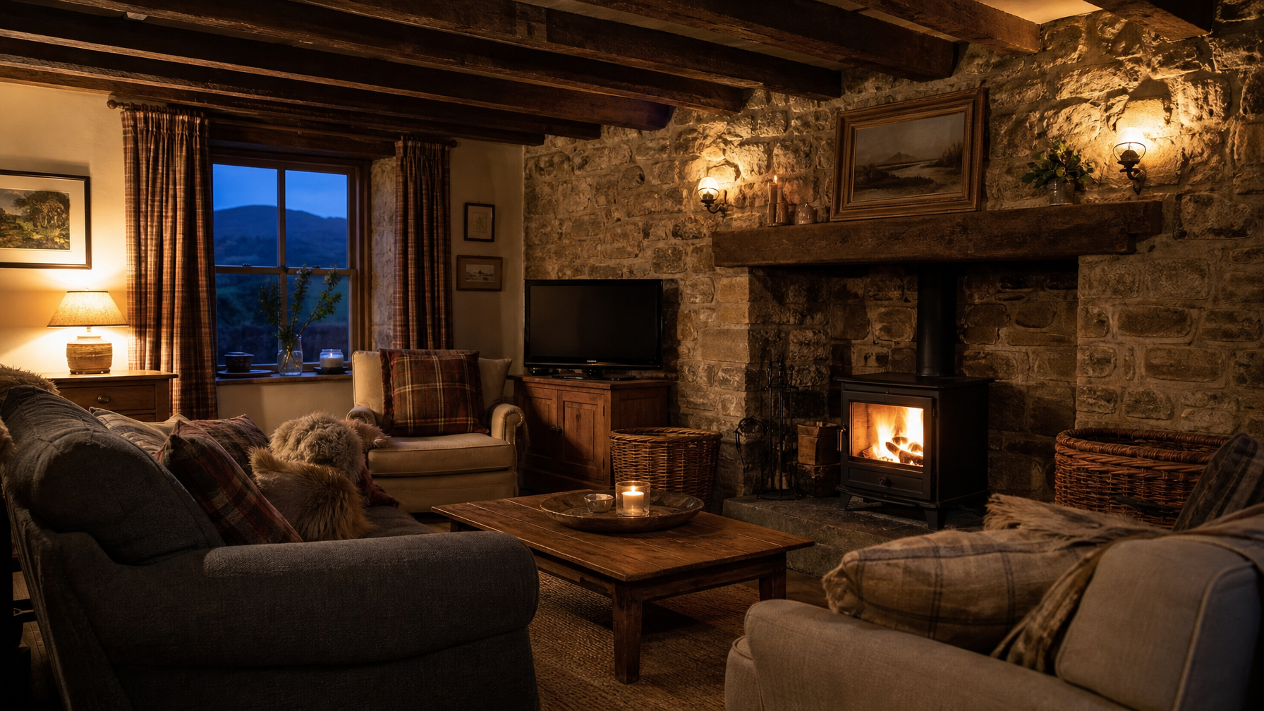 Log burner evening glow in a Scottish Highlands stone cottage vacation rental