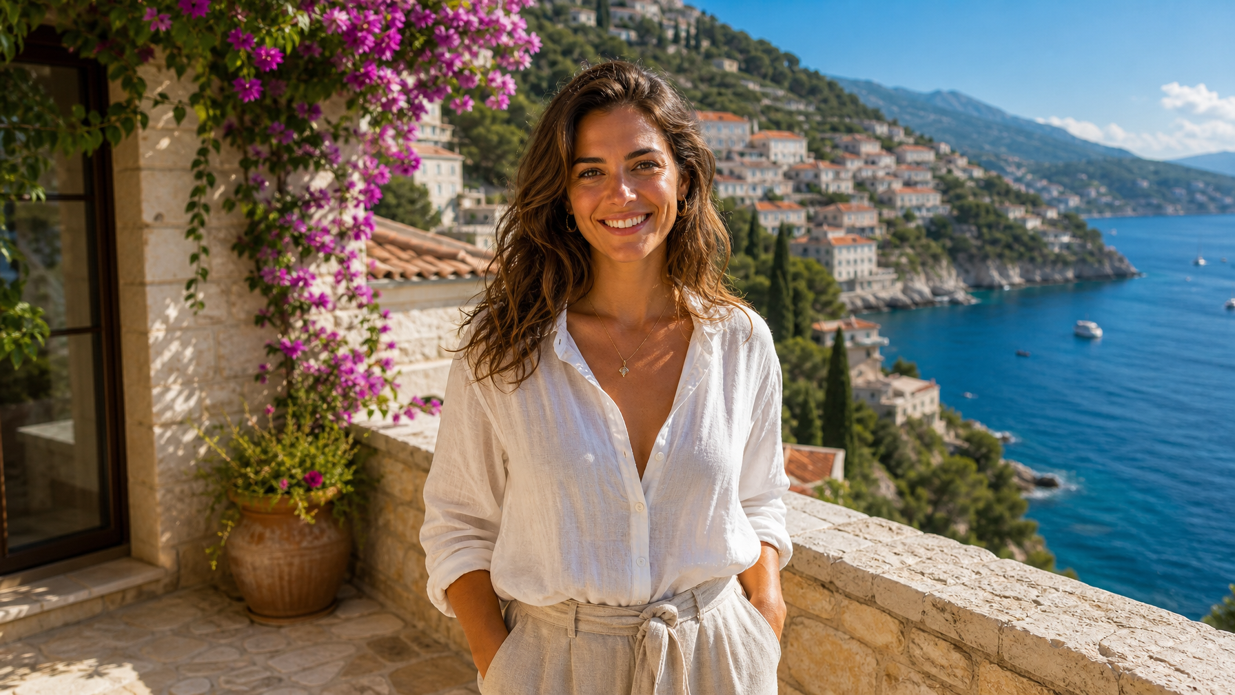 Female vacation rental host on a sunlit Dalmatian Coast stone terrace above the Adriatic