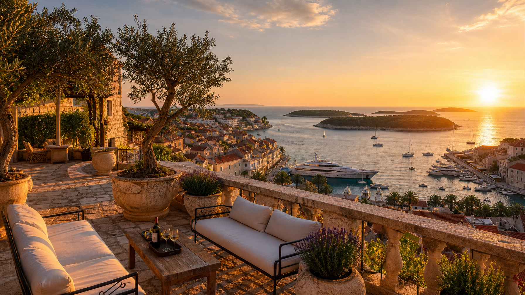 Hvar Croatia villa rental terrace overlooking harbour yachts at golden hour