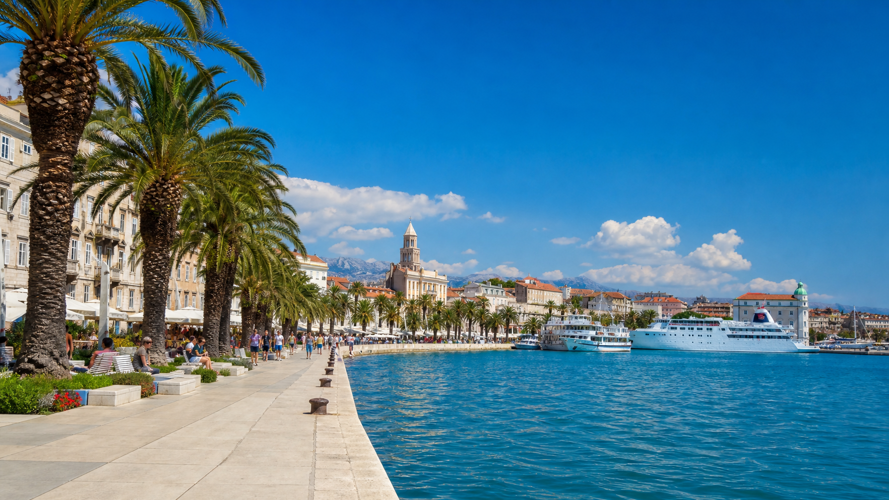 Split Croatia Riva harbour promenade near vacation rentals with palms and Adriatic boats