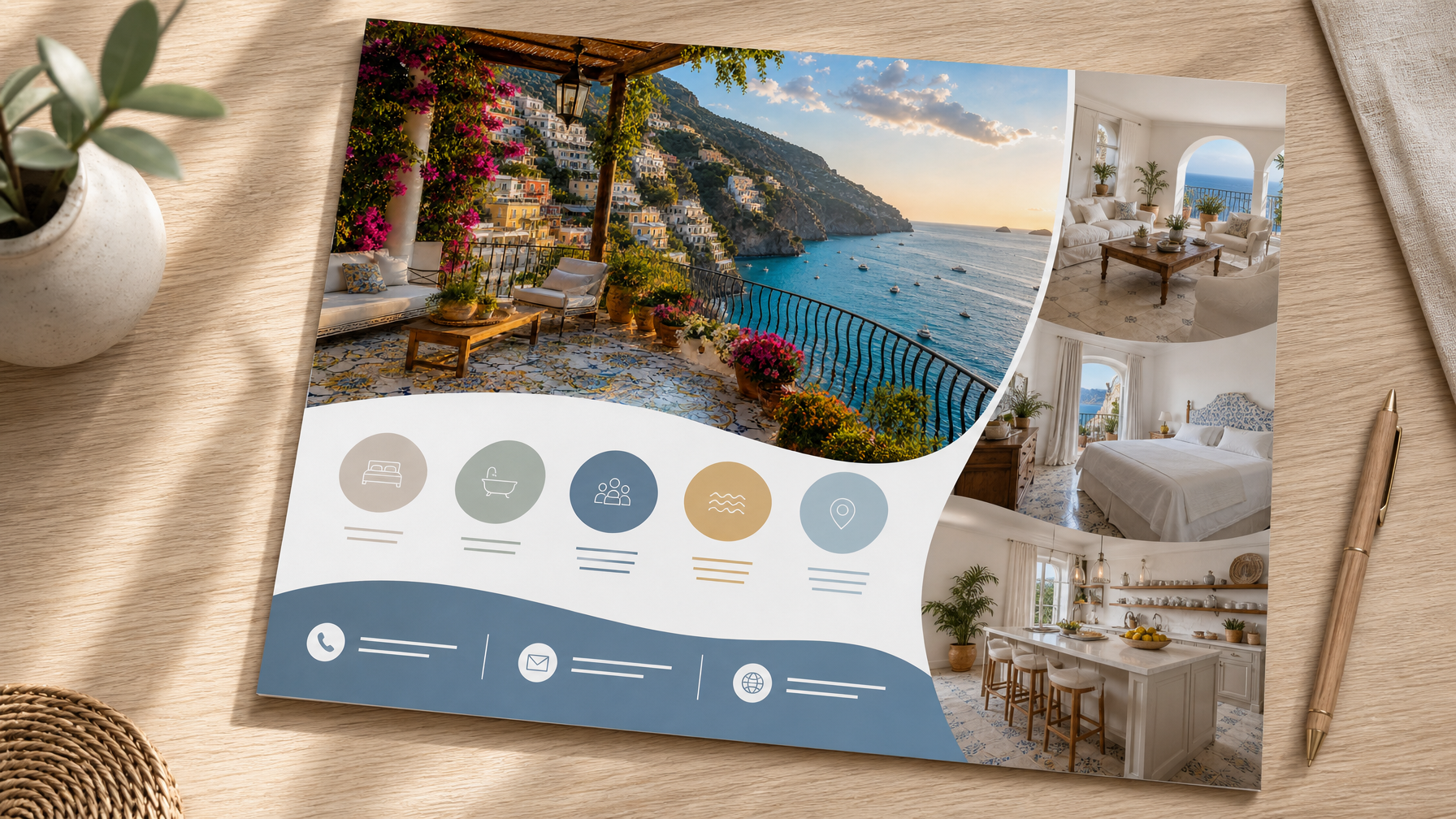 One-page vacation rental media kit with photos and contact details
