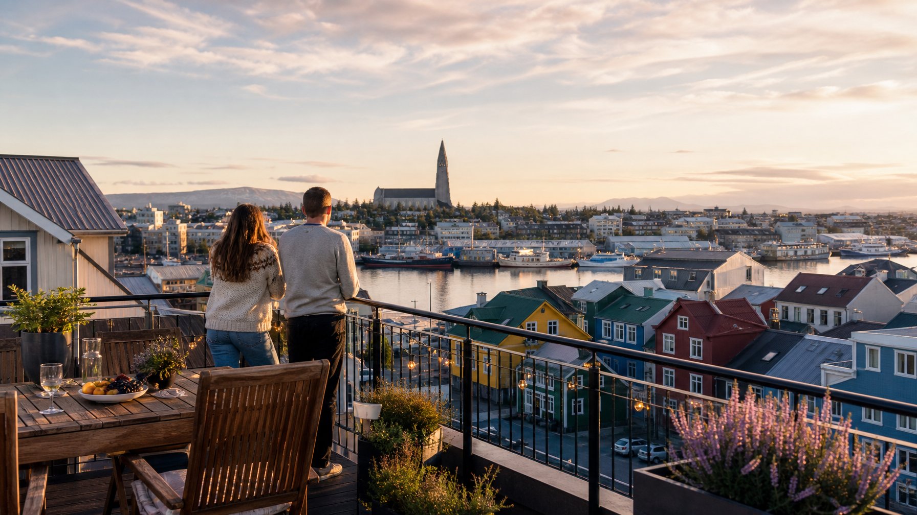 Reykjavik harbor evening view from a vacation rental terrace with open western sky for the August 12 2026 solar eclipse