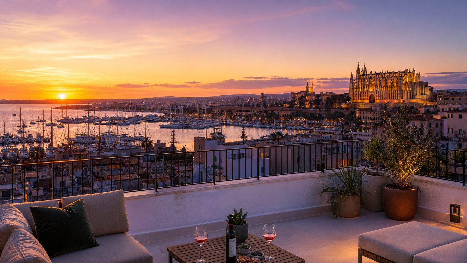 Palma de Mallorca marina and cathedral silhouette from a rooftop vacation rental at sunset for low-sun totality