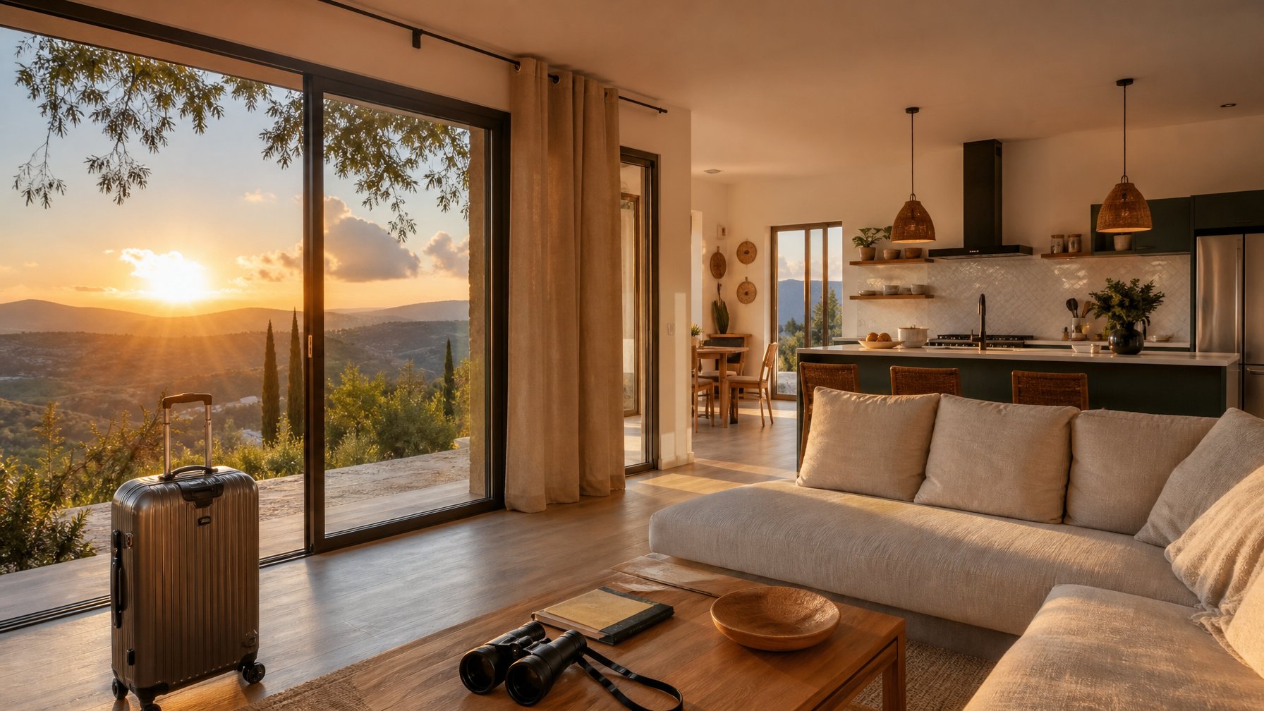 Modern Spain vacation rental living room with large west-facing windows overlooking countryside hills at sunset