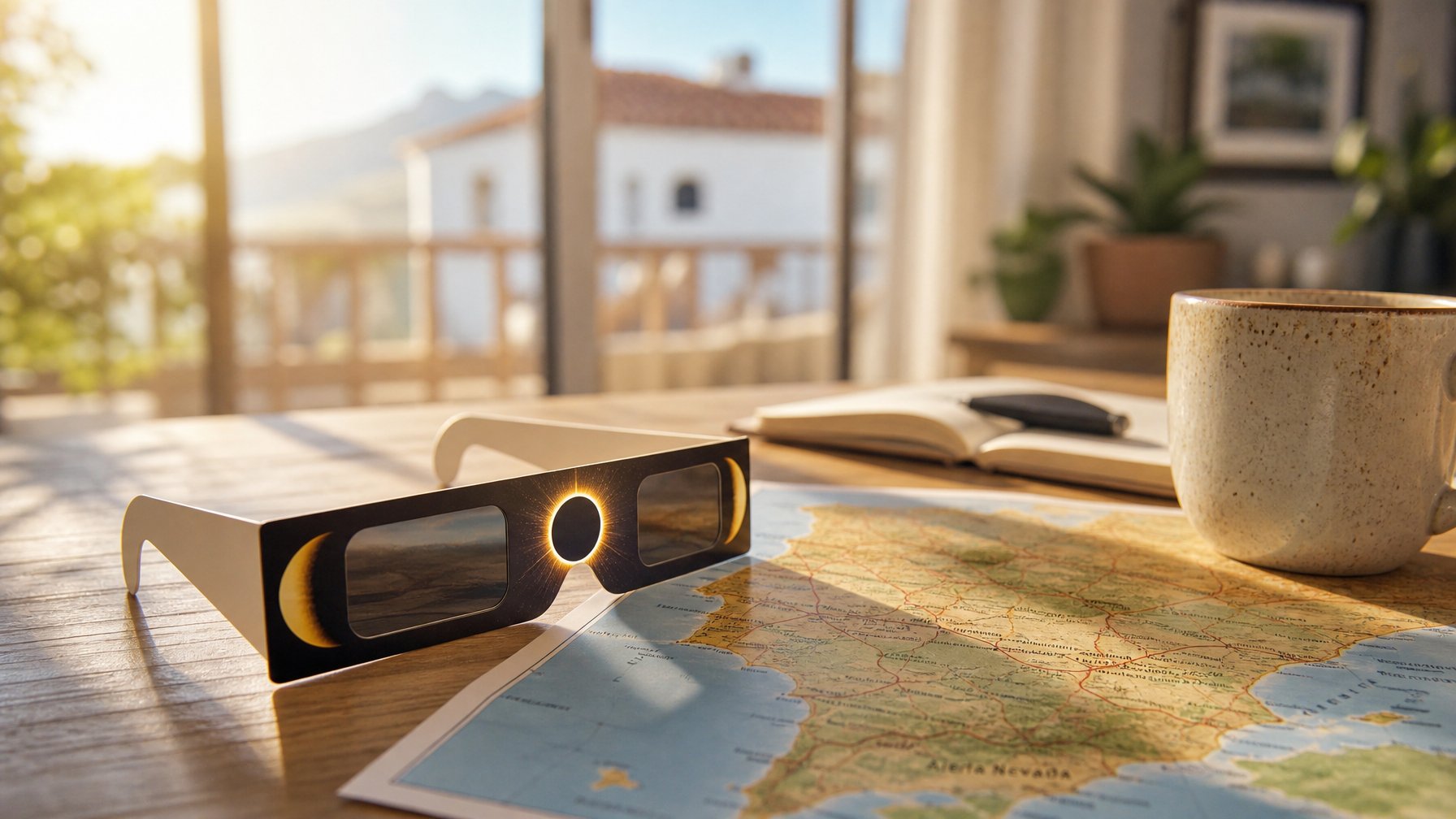 ISO-certified solar eclipse glasses on a wooden vacation rental table during August 12 2026 eclipse trip planning