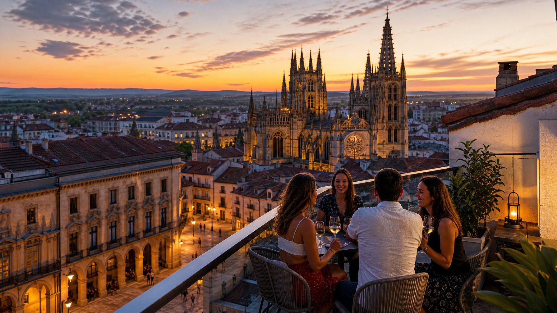 Burgos Spain cathedral dusk skyline from a vacation rental rooftop terrace during evening solar eclipse viewing