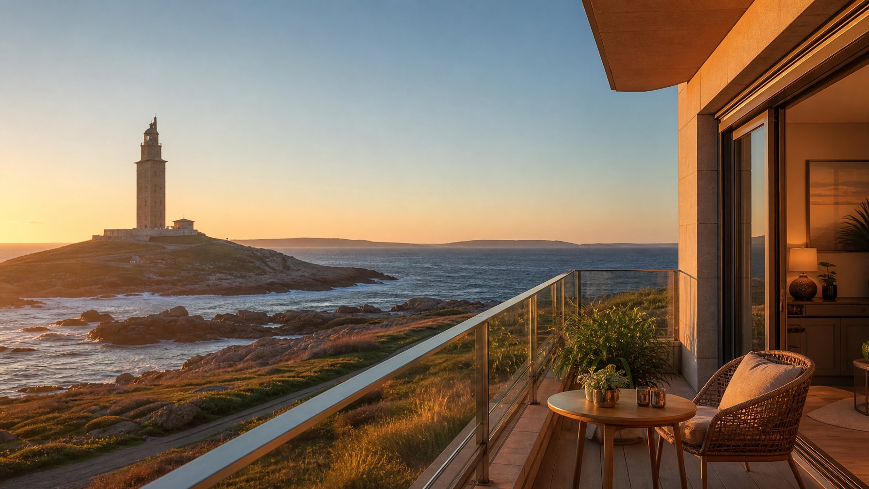 A Coruna Galicia Atlantic balcony view toward the Tower of Hercules at golden hour for total solar eclipse lodging