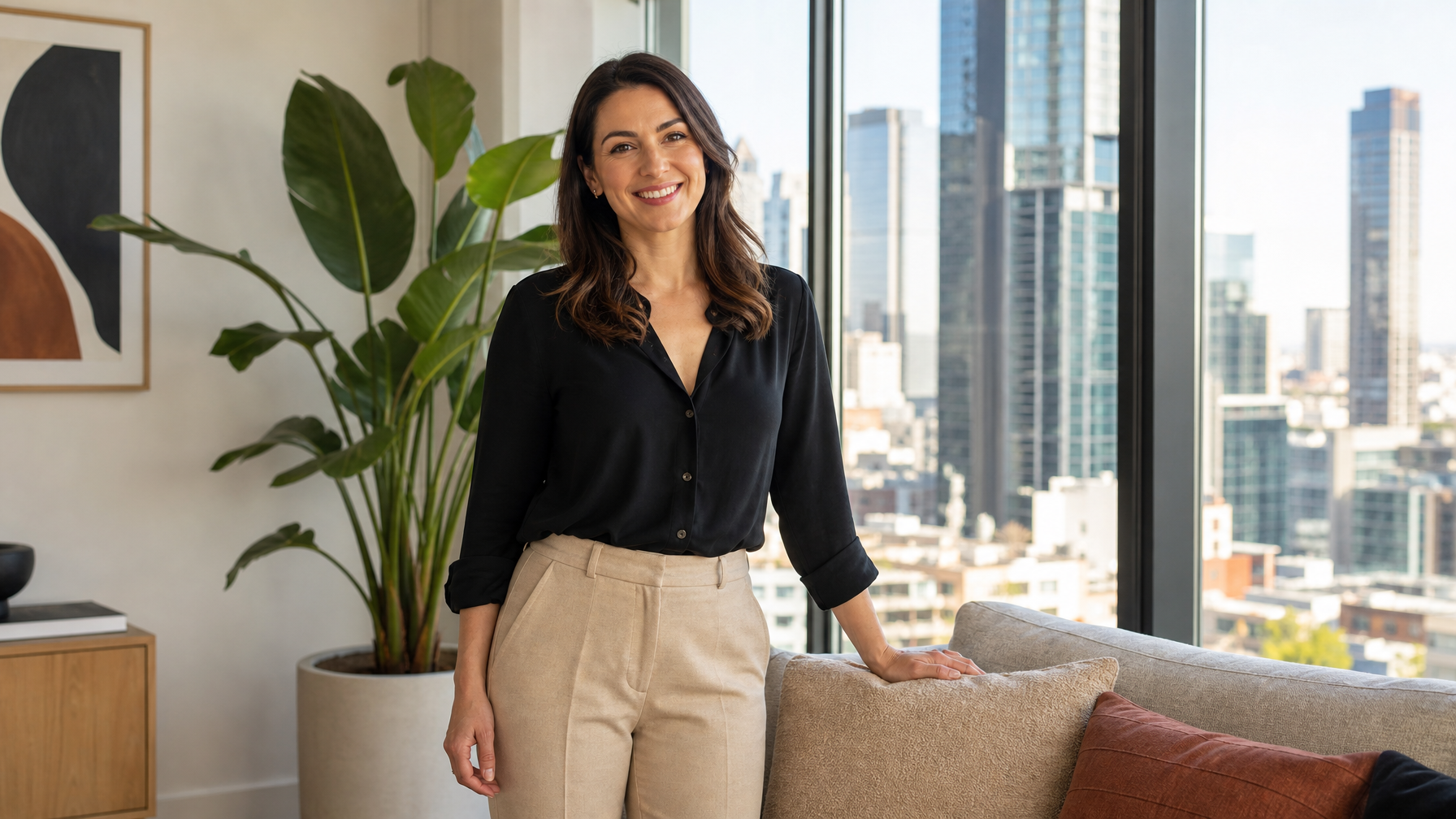 Female host welcoming guests in a modern Melbourne apartment