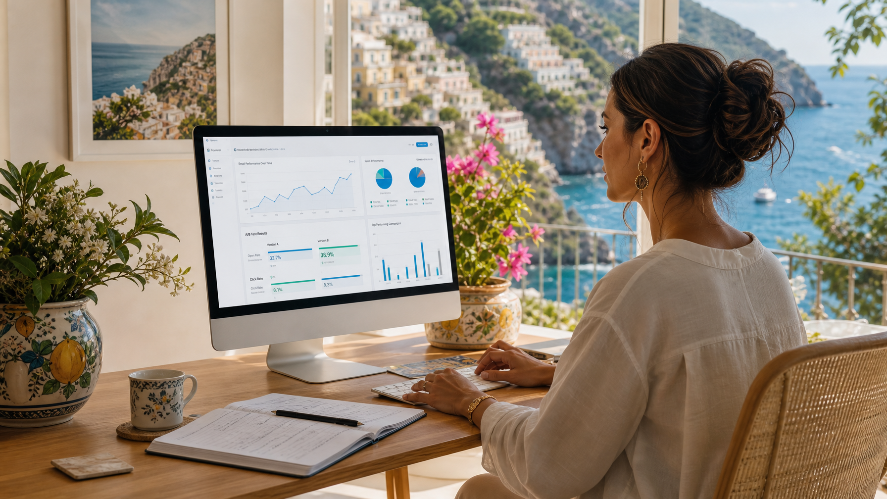 Female host analyzing A/B test results for shoulder season email subject lines