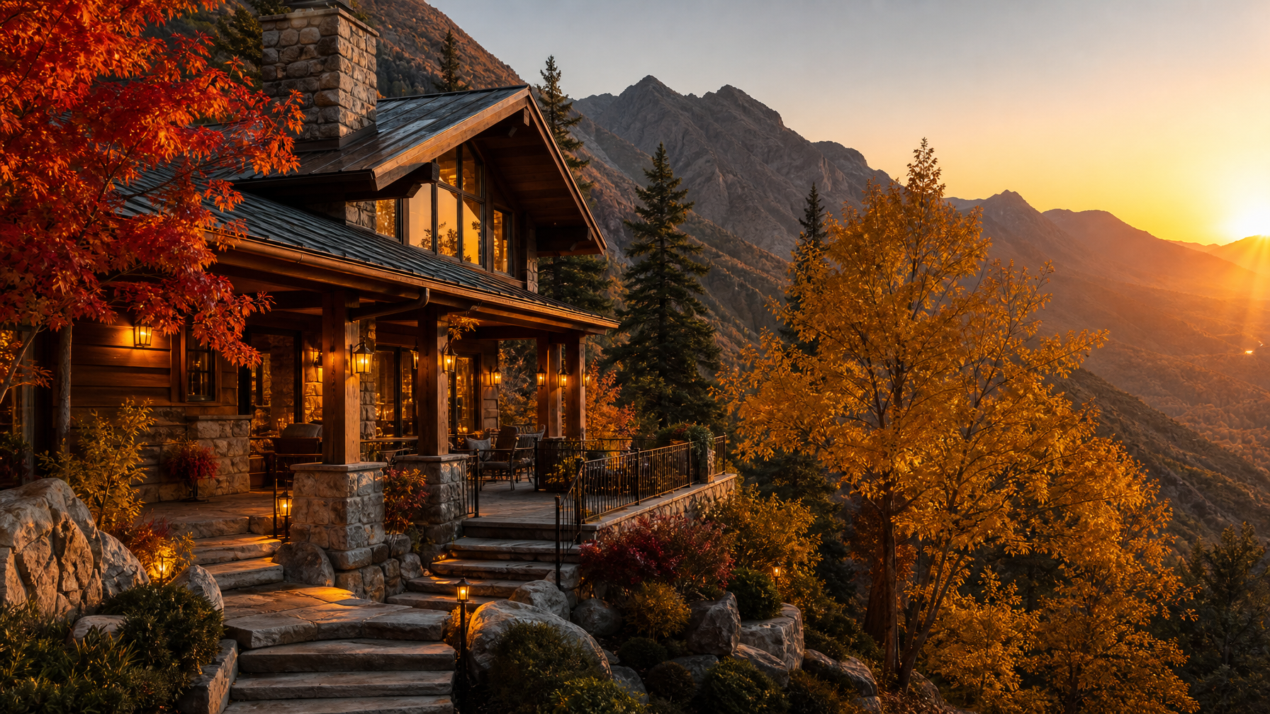 Cozy mountain cabin surrounded by autumn trees for email header