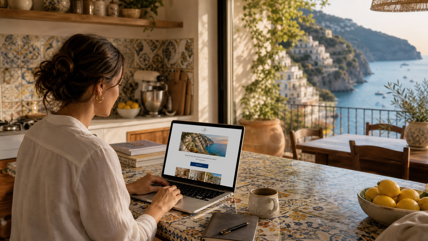 Female host designing email template with direct booking button